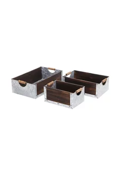 Cheung's Home Indoor Decorative Wood and Metal Crates with Side Handles, Set of 3