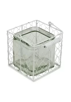 Cheung's Home Indoor Decorative Square Glass Jar in Wire Basket - Large, White