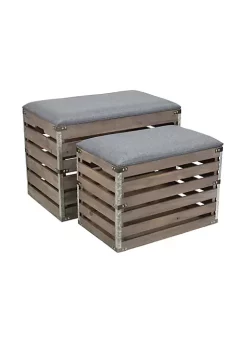 Cheung's Set Of 2 Rectangular Wood Slat Storage Bench With Metal Accents And Cushioned Lid