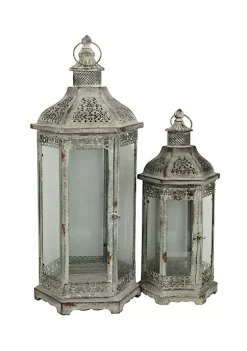 Cheung's Home Indoor Decorative Hexagonal Metal Framed Lantern with Glass Panels - Set of 2, Brown