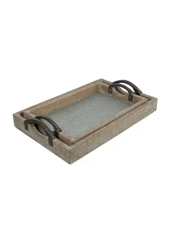 Cheung's Wood Frame Tray with Galvanized Base and Cast Iron Handles - Set of 2