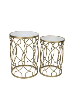 Cheung's Contemporary Metal Nesting Tables with Curved Repeating Pattern and Top Mirror, Set of 2