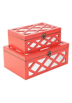 Cheung's Home Decorative Indoor Distressed Wooden Treasure Box with Mirror Under Wood Cutout - Set of 2, Red -Urban Originals™ Shop Belk 391