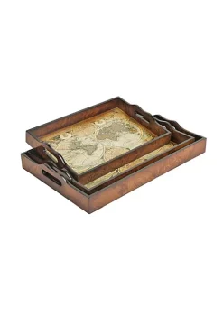 Cheung's Home Indoor Decorative Vintage Map and Wood Veneer Topped Trays, Set of 3