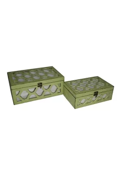 Cheung's Home Decorative Accent Green Wooden Boxes with Front and Top Mirror with Wood Morrocan Overlay, Set of 2
