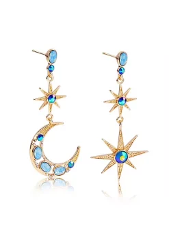 YAOQIANSHU Celestial Moon & Star Drop Earrings Gold Moon Star with crystal and blue tonal colored stone Earrings for Women
