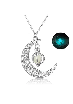 YAOQIANSHU Glow In The Dark Hollow Stone Pendant Crescent Moon Glow Necklace (Green)