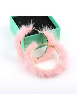 YAOQIANSHU Popular Plush Large Circle Earrings Exaggerated Atmosphere Girl Heart Mink Hair Earrings (Pink)