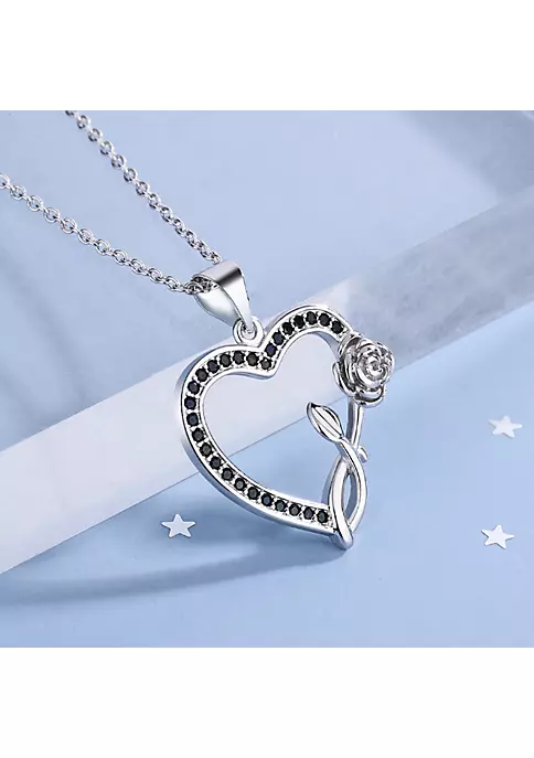 YAOQIANSHU Silver black and White Diamond Heart Pendant Necklace 6 YAOQIANSHU Silver black and White Diamond Heart Pendant Necklace - Image 4