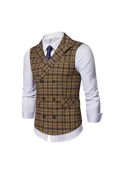 YAOQIANSHU Mens Plaid Formal Waistcoat Peak Lapel Double Breasted Casual Suit Vests For Business Work Party Wedding Dinner (Brown)