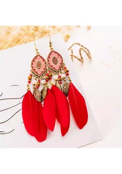 YAOQIANSHU Women Faux Feather Earrings Bohemian Fringe Tassel Long Drop Dangle Earrings Set with Dream Catcher Design (Red) -Urban Originals™ Shop Belk 911