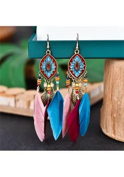 YAOQIANSHU Women Faux Feather Earrings Bohemian Fringe Tassel Long Drop Dangle Earrings Set with Dream Catcher Design (Multi)