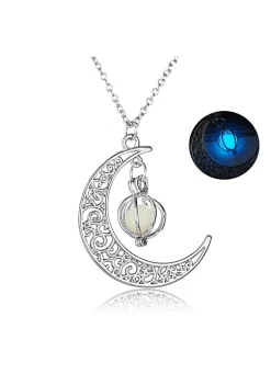 YAOQIANSHU Glow In The Dark Hollow Stone Pendant Crescent Moon Glow Necklace (Blue)