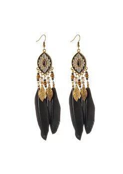 YAOQIANSHU Women Faux Feather Earrings Bohemian Fringe Tassel Long Drop Dangle Earrings Set with Dream Catcher Design (Black)
