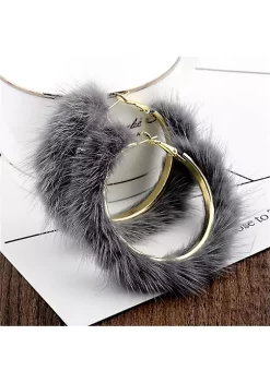 YAOQIANSHU Popular Plush Large Circle Earrings Exaggerated Atmosphere Girl Heart Mink Hair Earrings (Grey)